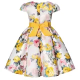 Toddler Girls Flying Sleeve Retro Flower Bowknot Belt Formal Maxi Dress