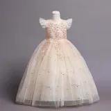 Toddler Girls Flying Sleeve Flower Embroidery Sequin Formal Puffy Maxi Dress