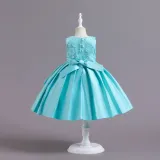 Toddler Girls Sleeveless Flower Embroidery Bowknot Belt Formal Maxi Puffy Dress