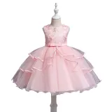 Toddler Girls Sleeveless Embroidery Flower Bowknot Belt Formal Midi Mesh Dress
