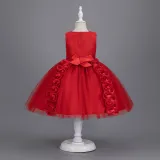 Toddler Girls Sleeveless Flower Rolls Embroidery Bowknot Belt Formal Maxi Puffy Dress