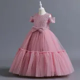Toddler Girls Off Shulder Sequin Bowknot Belt Formal Maxi Puffy Dress