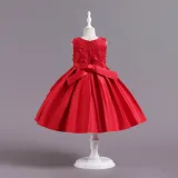 Toddler Girls Sleeveless Flower Embroidery Bowknot Belt Formal Maxi Puffy Dress