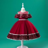 Toddler Girls Sleeveless Sequin Bowknot Belt Formal Maxi Puffy Dress