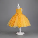 Toddler Girls Sleeveless Flower Rolls Embroidery Bowknot Belt Formal Maxi Puffy Dress