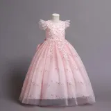 Toddler Girls Flying Sleeve Flower Embroidery Sequin Formal Puffy Maxi Dress