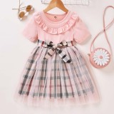 Toddler Girls Short Sleeve Bowknot Mesh Plaid Casual Dress