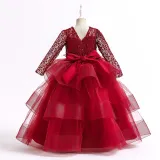 Toddler Girls Lace Hollow Out Long Sleeve Embroidery Formal Maxi Gowns Dress