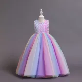 Toddler Girls Sleeveless Colorful Butterfly Pearl Belt Formal Maxi Puffy Dress