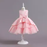 Toddler Girls Sleeveless Flower Embroidery Bowknot Belt Formal Maxi Puffy Dress