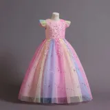 Toddler Girls Flying Sleeve Flower Embroidery Sequin Formal Puffy Maxi Dress