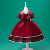 Toddler Girls Sleeveless Sequin Bowknot Belt Formal Maxi Puffy Dress
