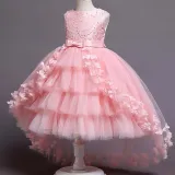 Toddler Girls Sleeveless Pearls Embroidery Butterfly Bowknot Belt Formal Maxi Fishtail Dress