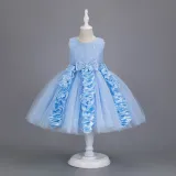 Toddler Girls Sleeveless Flower Rolls Embroidery Bowknot Belt Formal Maxi Puffy Dress