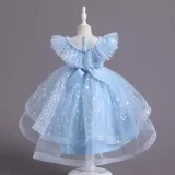 Toddler Girls Sleeveless Lace Collar Butterfly Mesh Bowknot Belt Formal Fishtail Midi Dress