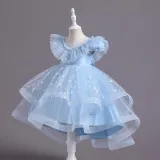 Toddler Girls Sleeveless Lace Collar Butterfly Mesh Bowknot Belt Formal Fishtail Midi Dress