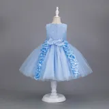 Toddler Girls Sleeveless Flower Rolls Embroidery Bowknot Belt Formal Maxi Puffy Dress