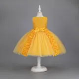 Toddler Girls Sleeveless Flower Rolls Embroidery Bowknot Belt Formal Maxi Puffy Dress