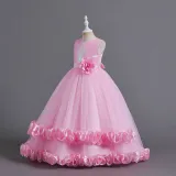 Toddler Girls Sleeveless Glittering Flower Belt Formal Maxi Puffy Dress