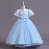 Toddler Girls Flying Sleeve Sequin Bowknot Belt Formal Maxi Puffy Dress