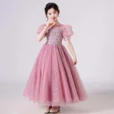 Toddler Girls Puffy Mesh Sleeve Glittering Formal Gowns Dress