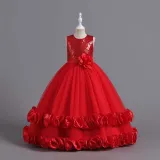 Toddler Girls Sleeveless Glittering Flower Belt Formal Maxi Puffy Dress