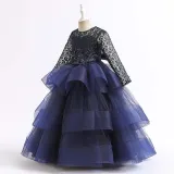 Toddler Girls Lace Hollow Out Long Sleeve Embroidery Formal Maxi Gowns Dress