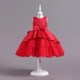 Toddler Girls Sleeveless Flower Embroidery Bowknot Belt Formal Maxi Puffy Dress