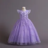 Toddler Girls Flying Sleeve Flower Embroidery Sequin Formal Puffy Maxi Dress