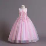 Toddler Girls Sleeveless Flower Embroidery Sequin Formal Puffy Maxi Dress