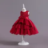 Toddler Girls Sleeveless Flower Embroidery Bowknot Belt Formal Maxi Puffy Dress