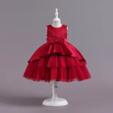 Toddler Girls Sleeveless Flower Embroidery Bowknot Belt Formal Maxi Puffy Dress