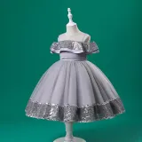 Toddler Girls Sleeveless Sequin Bowknot Belt Formal Maxi Puffy Dress