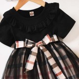 Toddler Girls Short Sleeve Bowknot Mesh Plaid Casual Dress