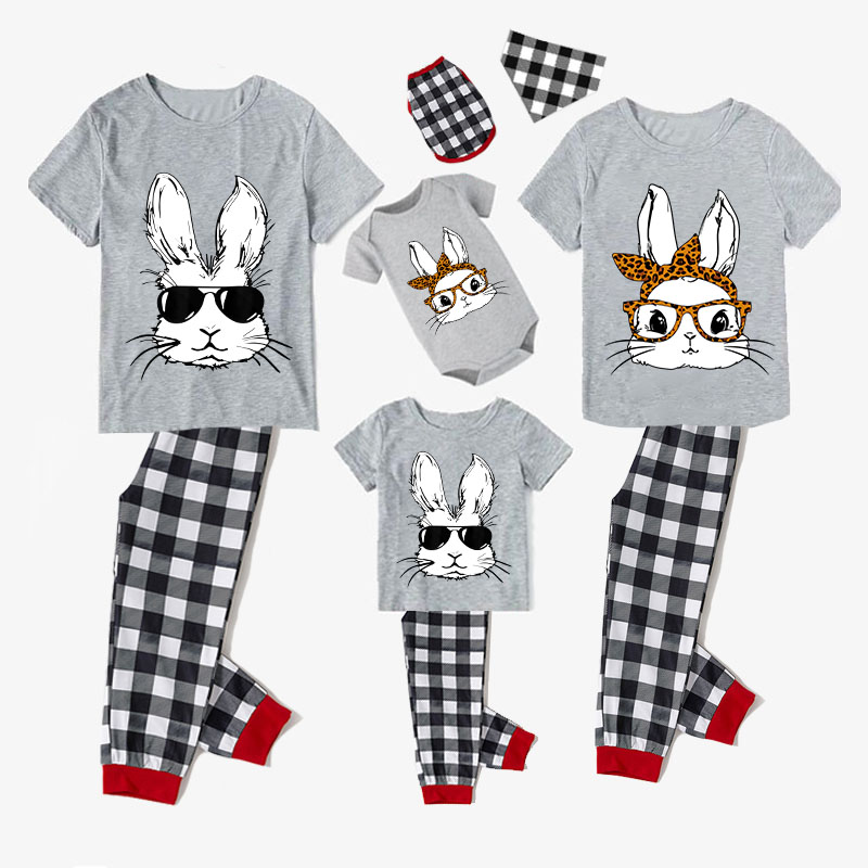 Easter Family Matching Pajamas Exclusive Design Happy Easter Bunny With Glasse Black Short Sleeve Pajamas Set