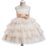 Toddler Girls Sleeveless Flower Belt Lace Hollow Out Formal Midi Dress