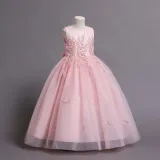 Toddler Girls Sleeveless Flower Embroidery Sequin Formal Puffy Maxi Dress