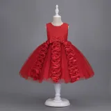 Toddler Girls Sleeveless Flower Rolls Embroidery Bowknot Belt Formal Maxi Puffy Dress