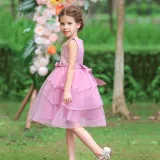 Toddler Girls Sleeveless Embroidery Flower Bowknot Belt Formal Midi Mesh Dress