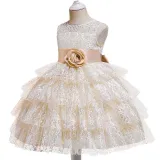 Toddler Girls Sleeveless Flower Belt Lace Hollow Out Formal Midi Dress