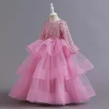 Toddler Girls Lace Hollow Out Long Sleeve Embroidery Formal Maxi Gowns Dress