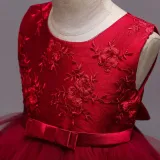 Toddler Girls Sleeveless Flower Embroidery Bowknot Belt Formal Midi Dress