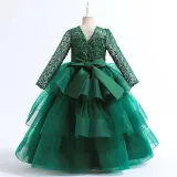Toddler Girls Lace Hollow Out Long Sleeve Embroidery Formal Maxi Gowns Dress
