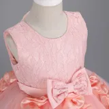 Toddler Girls Sleeveless Flower Rolls Embroidery Bowknot Belt Formal Maxi Puffy Dress