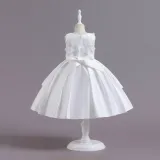 Toddler Girls Sleeveless Flower Embroidery Bowknot Belt Formal Maxi Puffy Dress