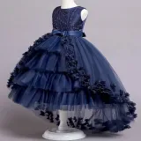 Toddler Girls Sleeveless Pearls Embroidery Butterfly Bowknot Belt Formal Maxi Fishtail Dress