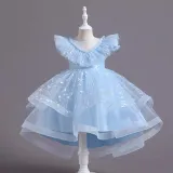 Toddler Girls Sleeveless Lace Collar Butterfly Mesh Bowknot Belt Formal Fishtail Midi Dress