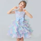 Toddler Girls Sleeveless Flower Bowknot Belt Formal Gowns Midi Cake Dress