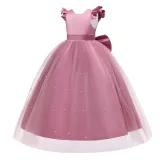 Toddler Girls Flying Sleeve Bowknot Belt Sequin Backless Formal Puffy Maxi Dress