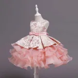 Toddler Girls Sleeveless Flower Embroidery Bowknot Belt Formal Midi Puffy Cake Dress